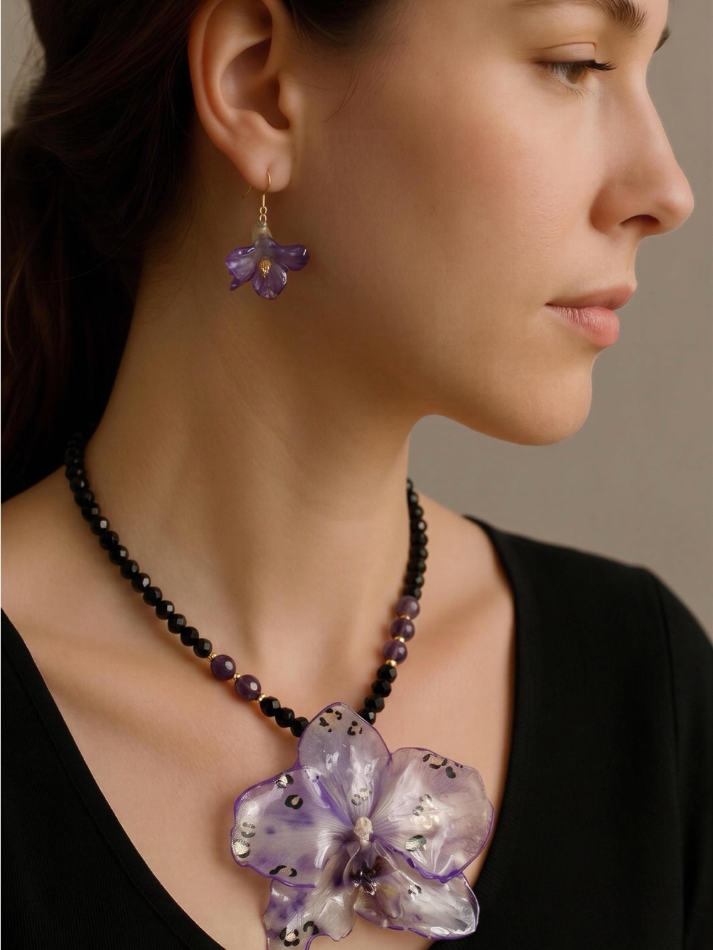 Elegant Purple Orchid Necklace and Earrings Set
